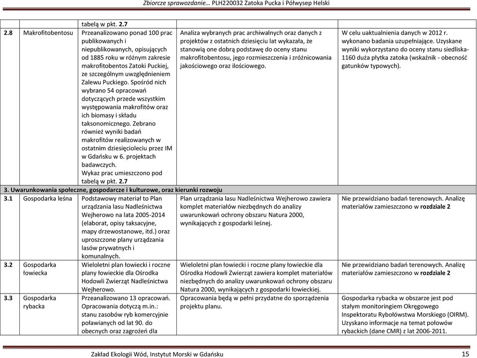 Puckiego. Spośród nich wybrano 54 opracowań dotyczących przede wszystkim występowania makrofitów oraz ich biomasy i składu taksonomicznego.