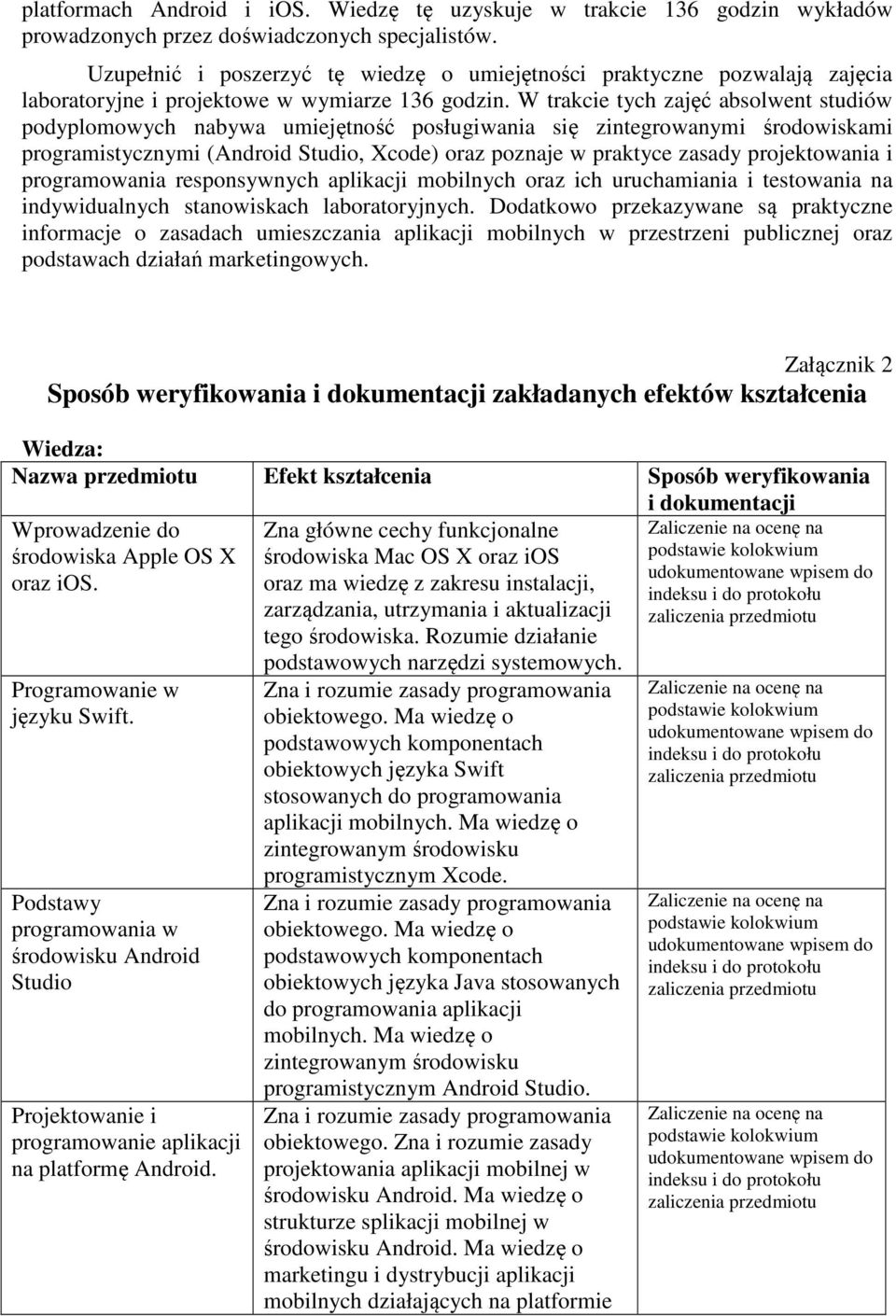 W trakcie tych zajęć absolwent studiów podyplomowych nabywa umiejętność posługiwania się zintegrowanymi środowiskami programistycznymi (Android Studio, Xcode) oraz poznaje w praktyce zasady