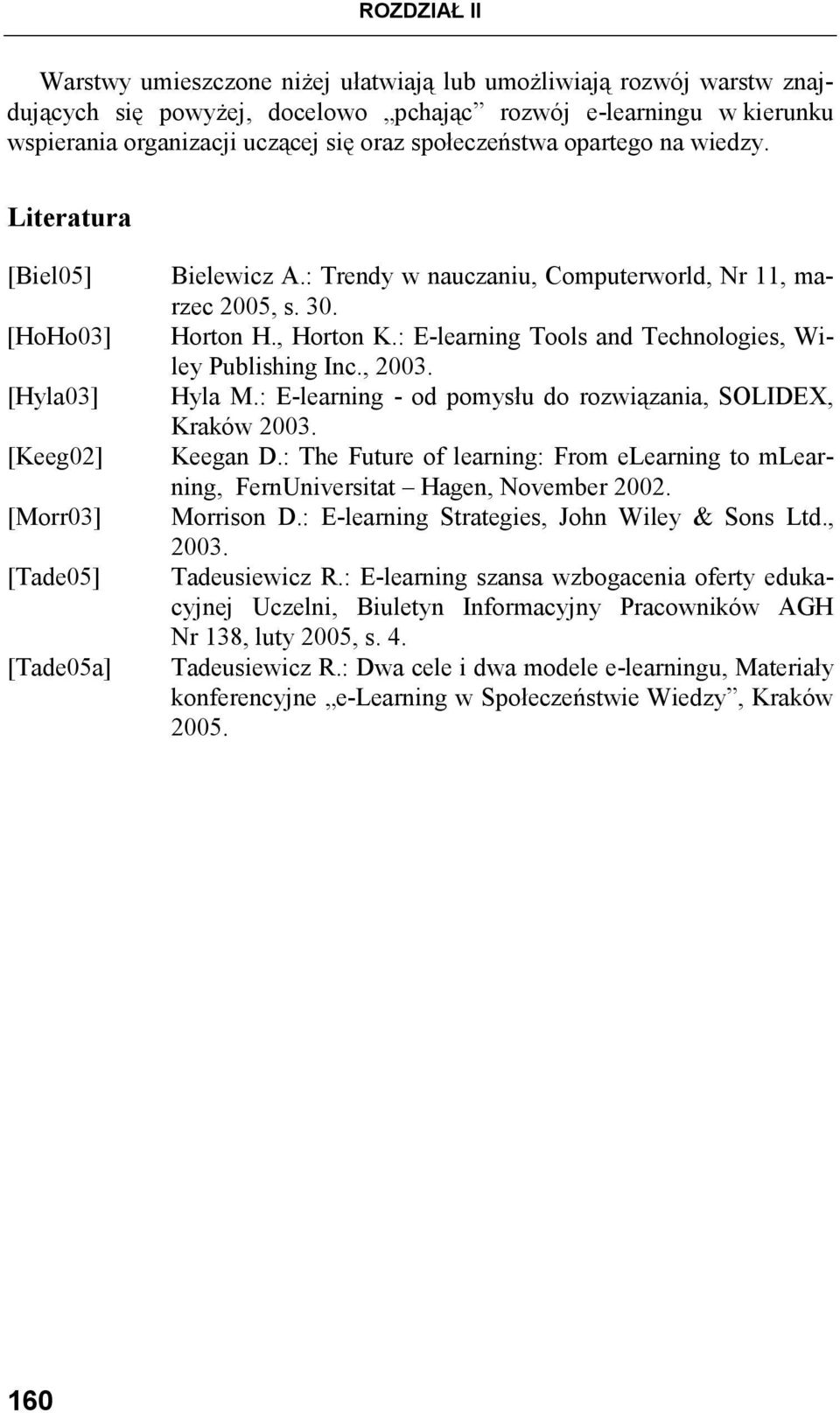 , Horton K.: E-learning Tools and Technologies, Wiley Publishing Inc., 2003. Hyla M.: E-learning - od pomysłu do rozwiązania, SOLIDEX, Kraków 2003. Keegan D.