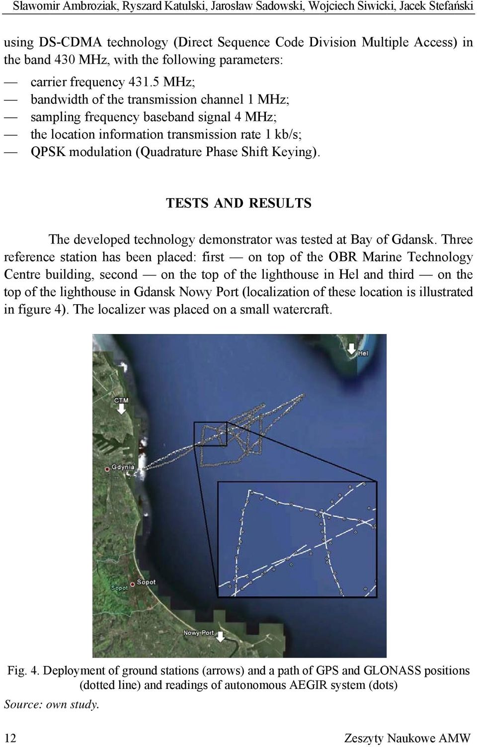 5 MHz; bandwidth of the transmission channel MHz; sampling frequency baseband signal 4 MHz; the location information transmission rate kb/s; QPSK modulation (Quadrature Phase Shift Keying).