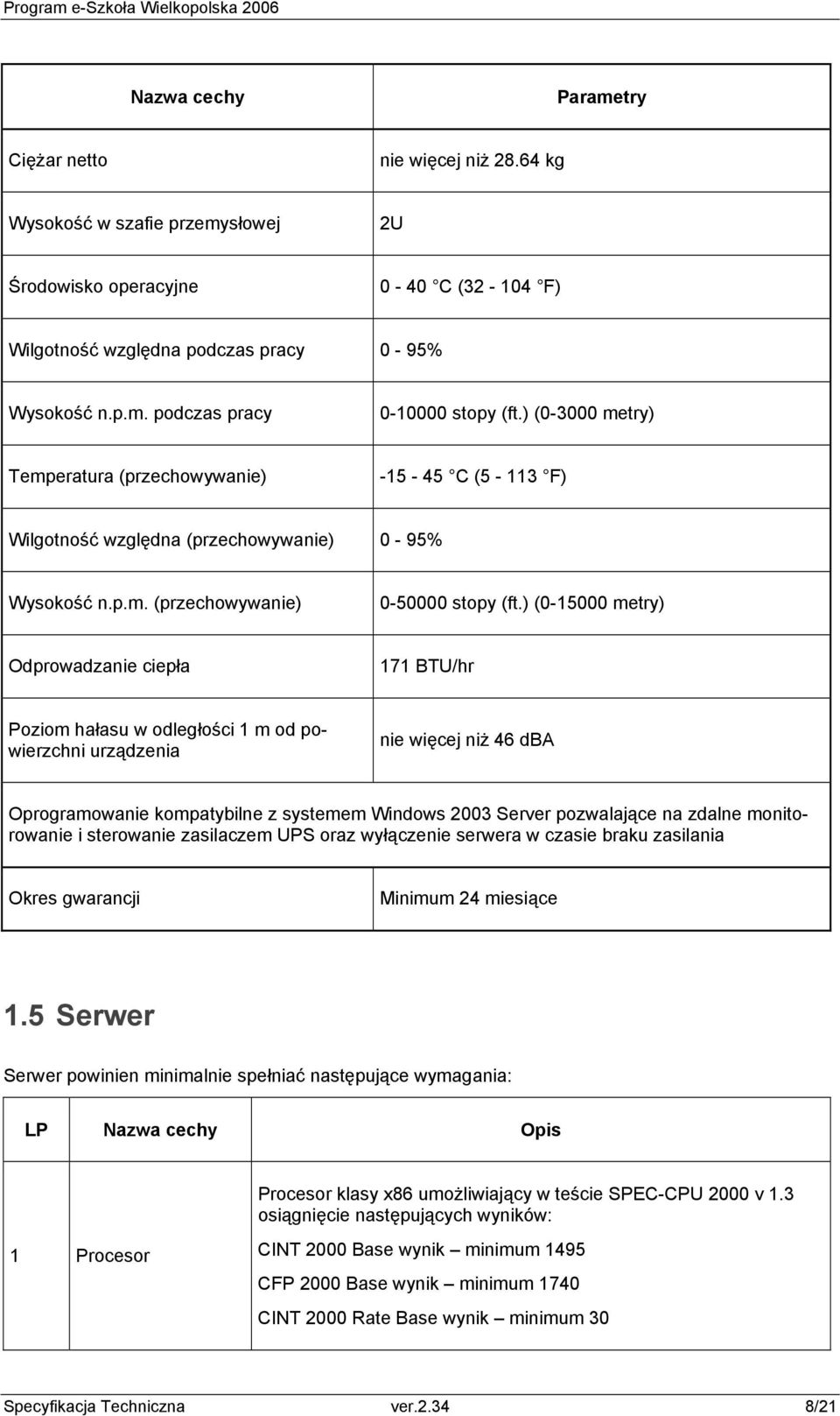 ) (0-15000 metry) Odprowadzanie ciepła 171 BTU/hr Poziom hałasu w odległości 1 m od powierzchni urządzenia nie więcej niż 46 dba Oprogramowanie kompatybilne z systemem Windows 2003 Server pozwalające