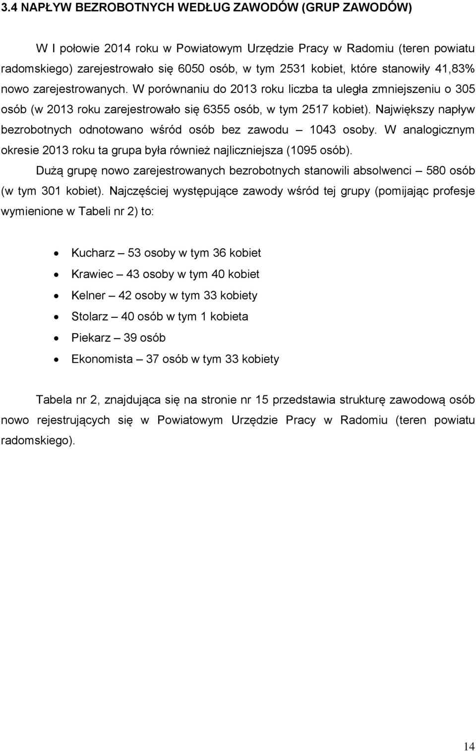 Największy napływ bezrobotnych odnotowano wśród osób bez zawodu 1043 osoby. W analogicznym okresie 2013 roku ta grupa była również najliczniejsza (1095 osób).