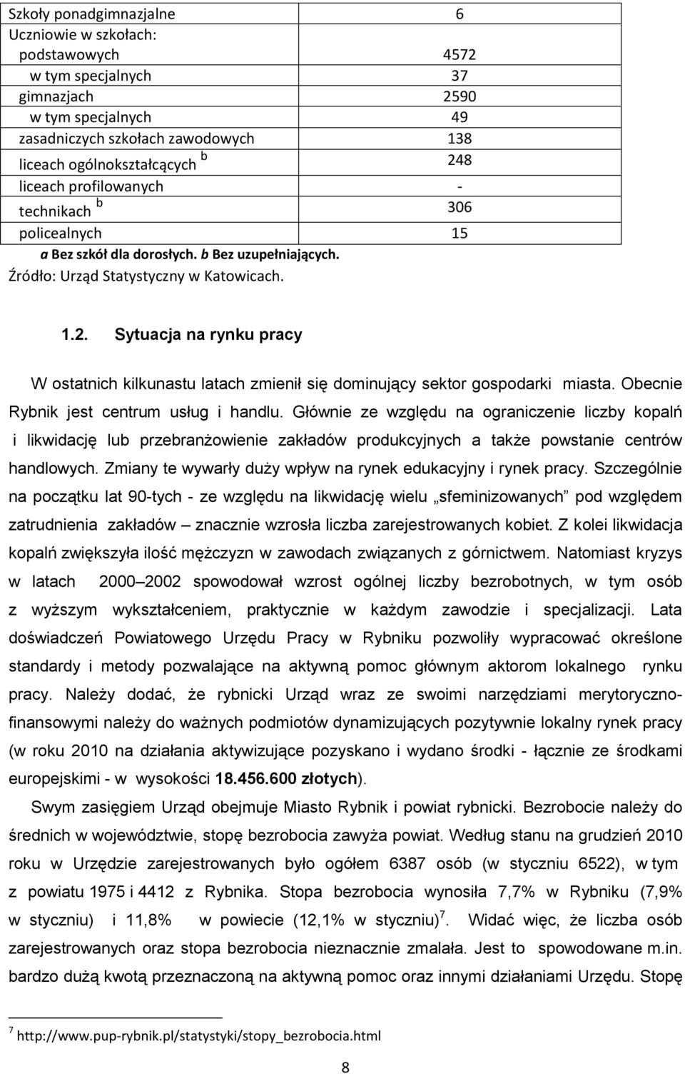 Sytuacja na rynku pracy W ostatnich kilkunastu latach zmienił się dominujący sektor gospodarki miasta. Obecnie Rybnik jest centrum usług i handlu.