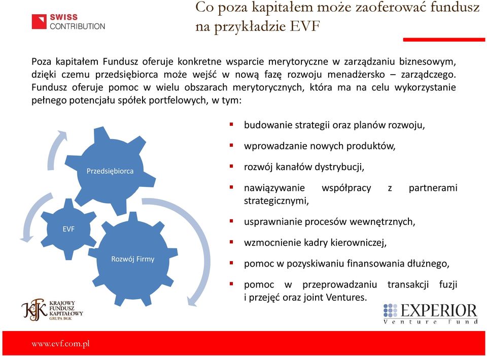 Fundusz oferuje pomoc w wielu obszarach merytorycznych, która ma na celu wykorzystanie pełnego potencjału spółek portfelowych, w tym: budowanie strategii oraz planów rozwoju,