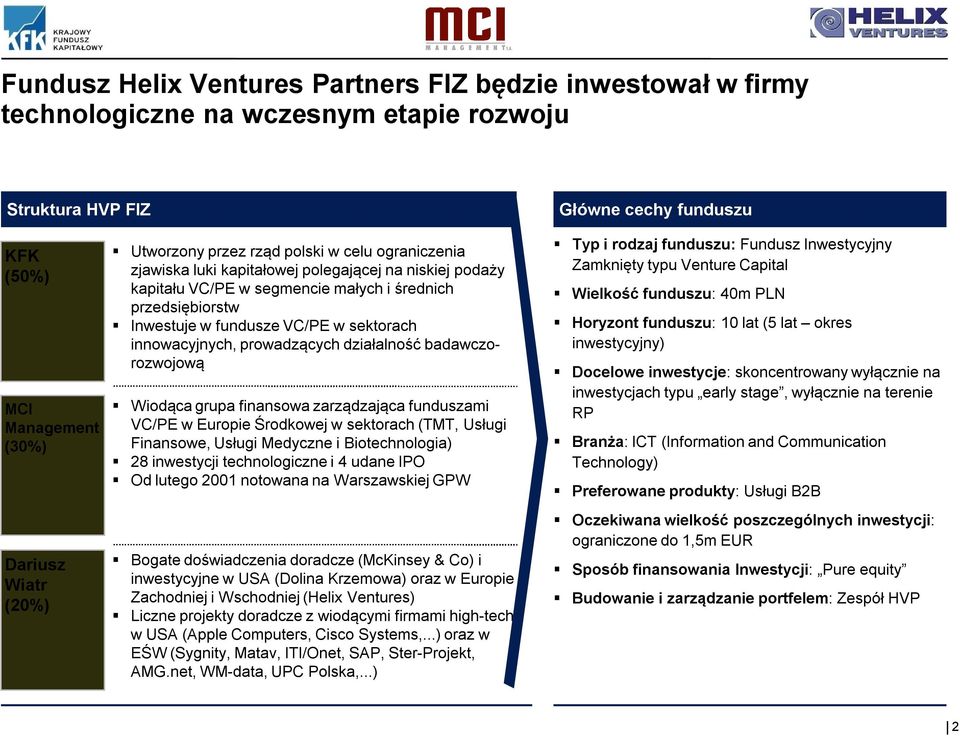 sektorach innowacyjnych, prowadzących działalność badawczorozwojową Wiodąca grupa finansowa zarządzająca funduszami VC/PE w Europie Środkowej w sektorach (TMT, Usługi Finansowe, Usługi Medyczne i