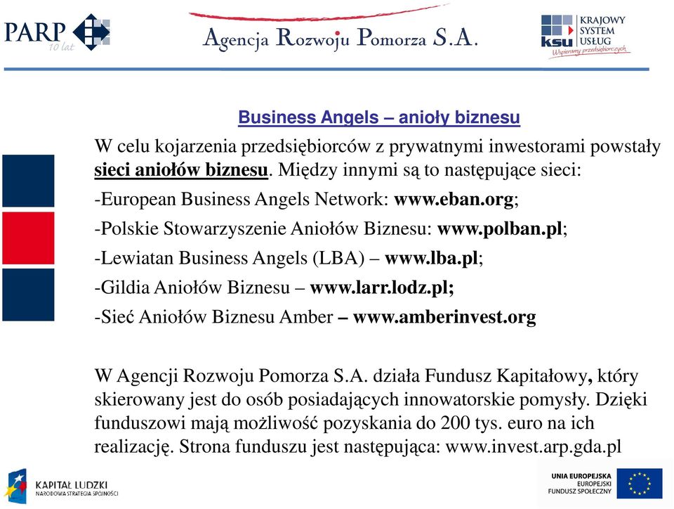 pl; -Lewiatan Business Angels (LBA) www.lba.pl; -Gildia Aniołów Biznesu www.larr.lodz.pl; -Sieć Aniołów Biznesu Amber www.amberinvest.