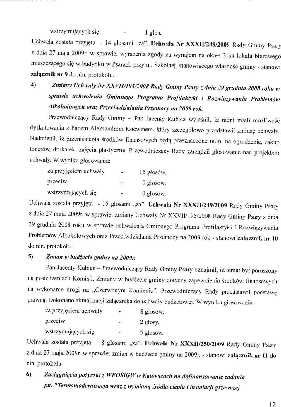 4) Zmiany Uchwaly Nr XXVII/195/2008 Rady Gminy Psary z dnia 29 grudnia 2008 roku w sprawie uchwalenia Gminnego Programu Profilaktyki i Rozwiqzywania Problemow Alkoholowych oraz Przeciwdzialania