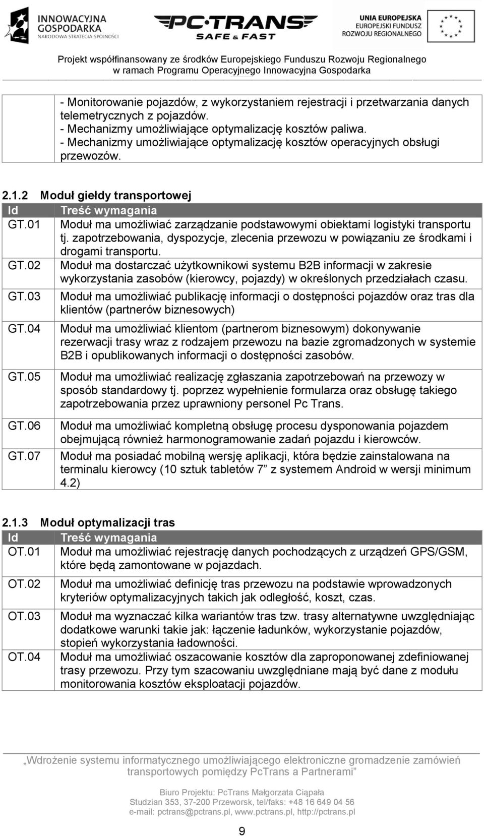 01 Moduł ma umożliwiać zarządzanie podstawowymi obiektami logistyki transportu tj. zapotrzebowania, dyspozycje, zlecenia przewozu w powiązaniu ze środkami i drogami transportu. GT.