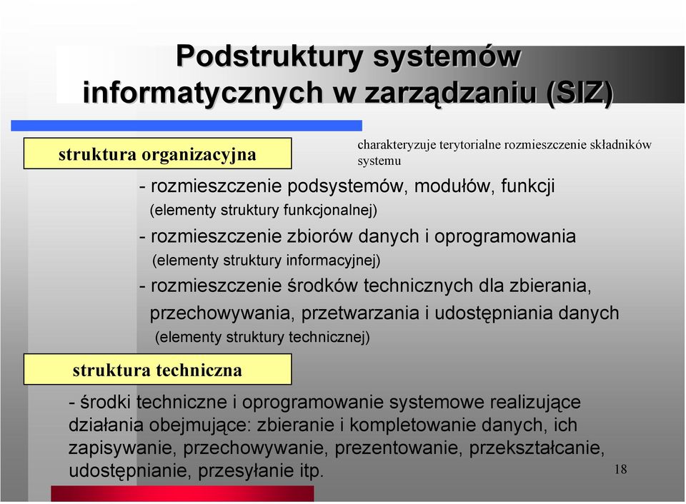 środków technicznych dla zbierania, przechowywania, przetwarzania i udostępniania danych (elementy struktury technicznej) struktura techniczna - środki techniczne i