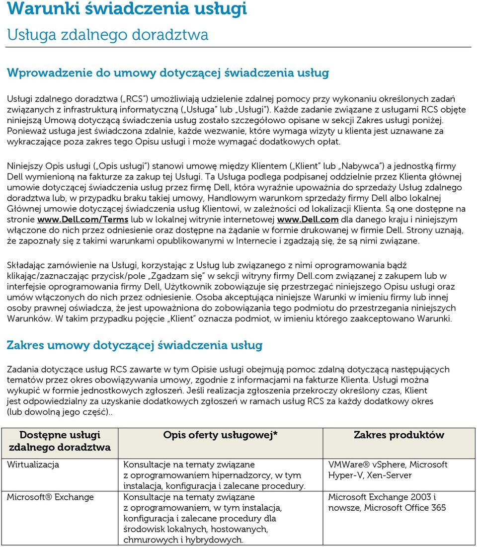 Każde zadanie związane z usługami RCS objęte niniejszą Umową dotyczącą świadczenia usług zostało szczegółowo opisane w sekcji Zakres usługi poniżej.