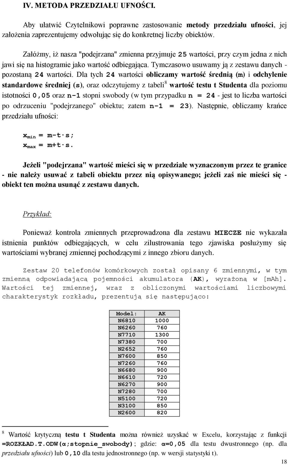 Dla tych 24 wartości obliczamy wartość średnią (m) i odchylenie standardowe średniej (s), oraz odczytujemy z tabeli 8 wartość testu t Studenta dla poziomu istotności 0,05 oraz n-1 stopni swobody (w