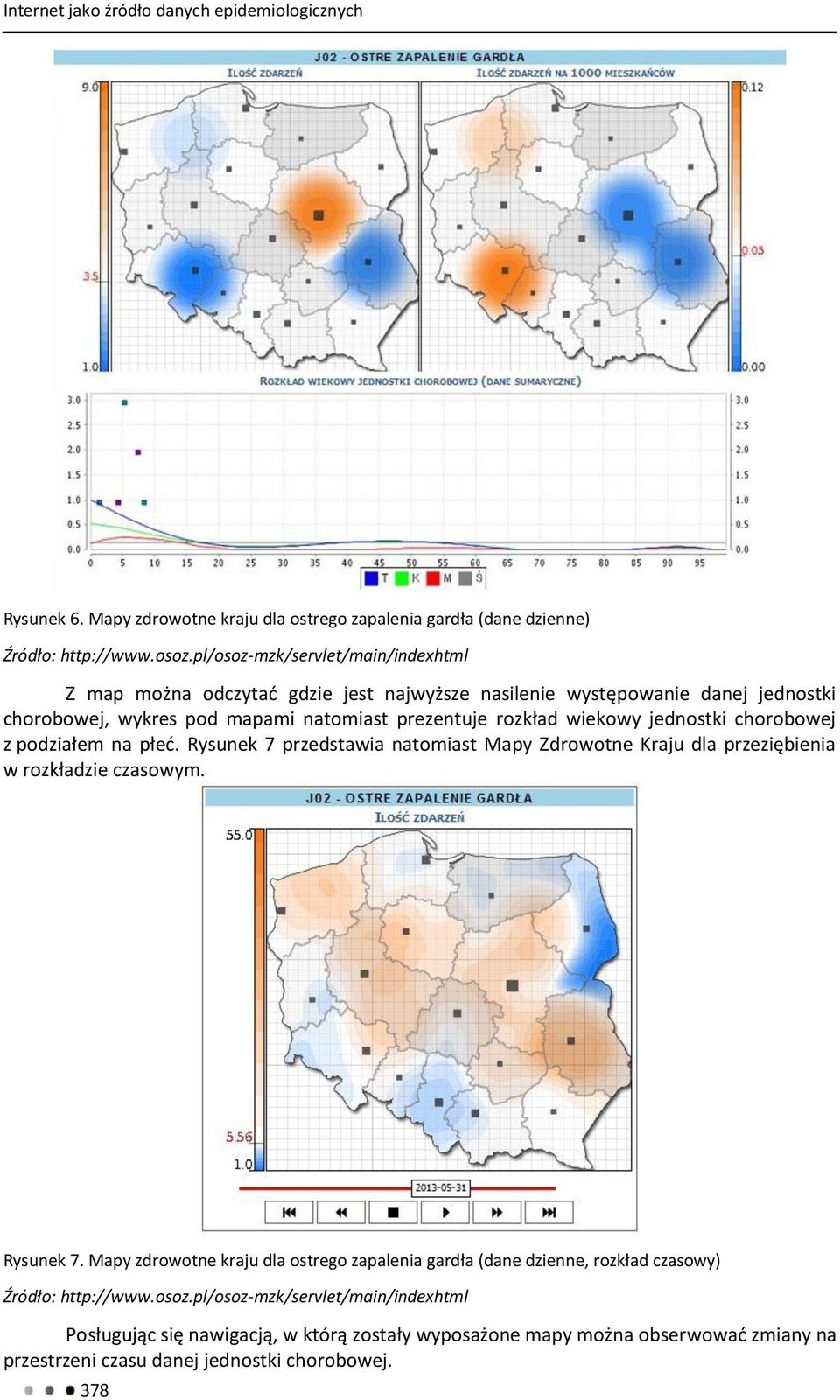 jednostki chorobowej z podziałem na płeć. Rysunek 7 przedstawia natomiast Mapy Zdrowotne Kraju dla przeziębienia w rozkładzie czasowym. Rysunek 7. Mapy zdrowotne kraju dla ostrego zapalenia gardła (dane dzienne, rozkład czasowy) Źródło: http://www.