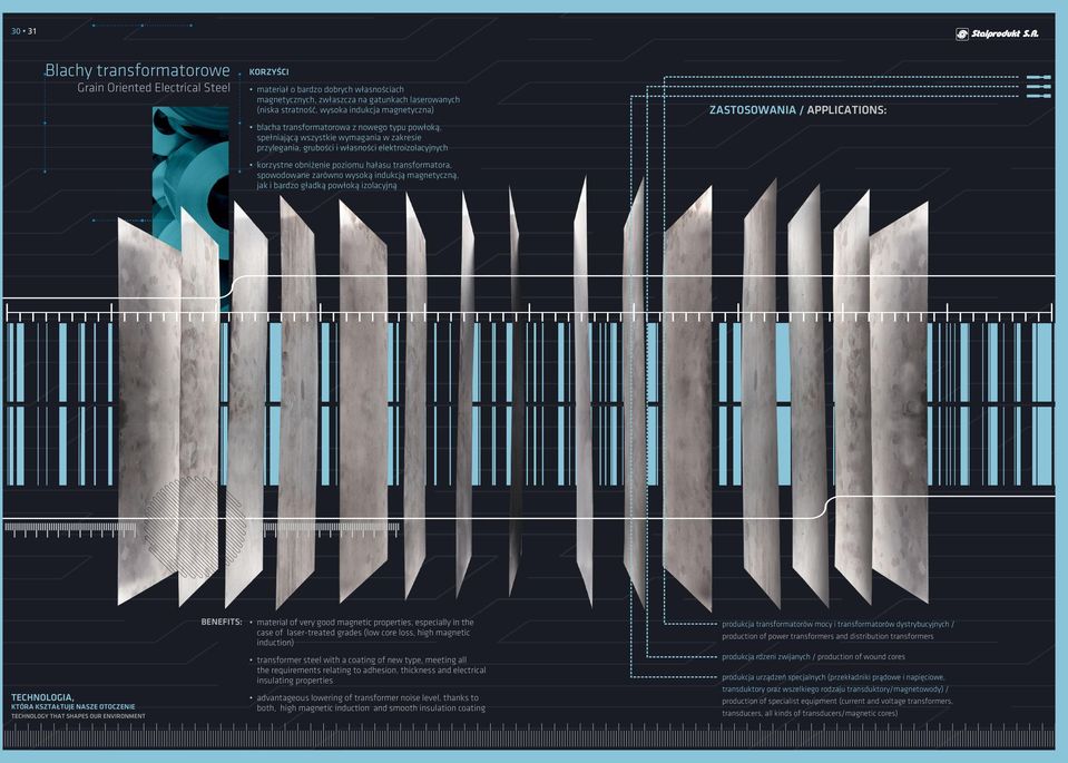transformatora, spowodowane zarówno wysoką indukcją magnetyczną, jak i bardzo gładką powłoką izolacyjną ZASTOSOWANIA / APPLICATIONS: BENEFITS: material of very good magnetic properties, especially in