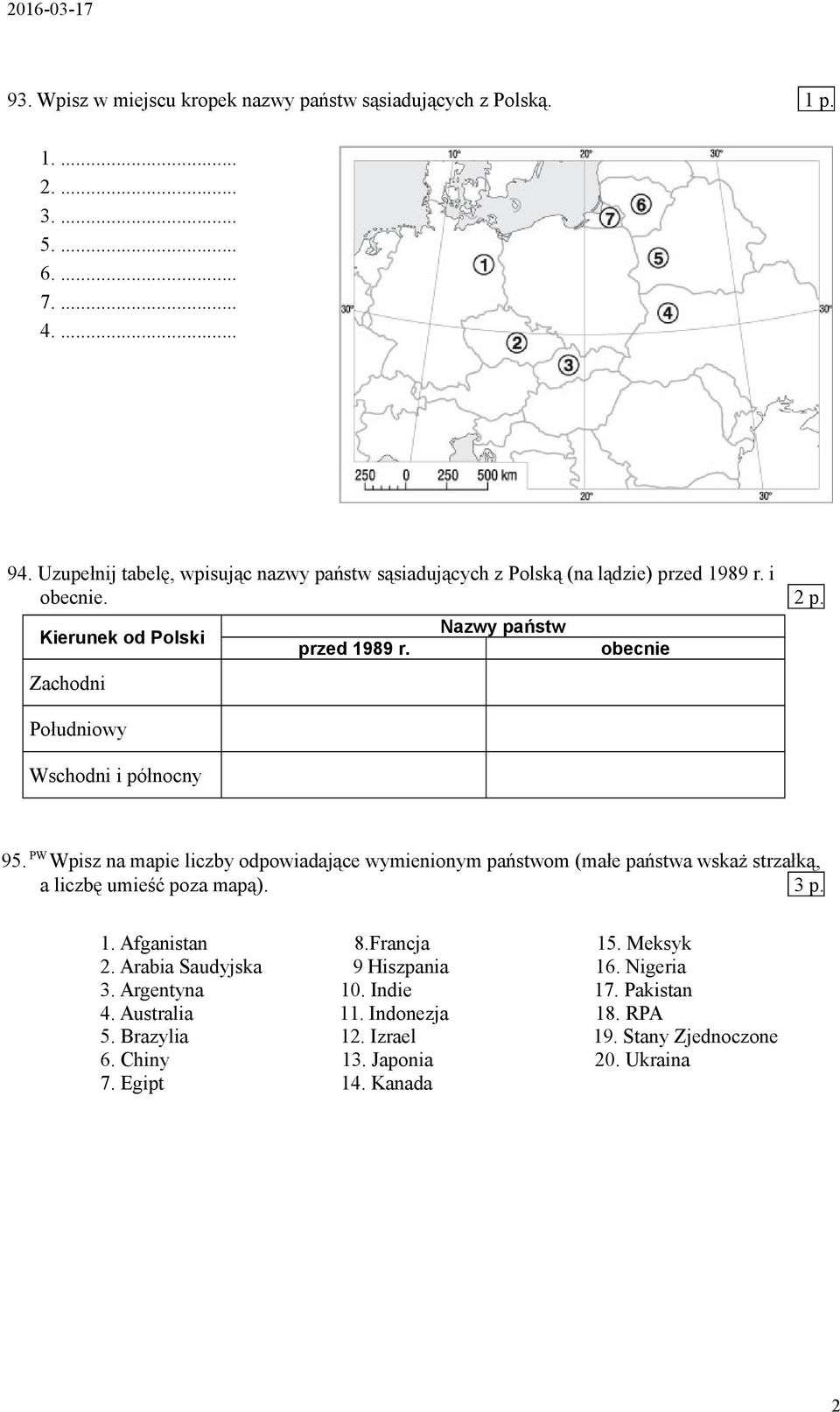 Kierunek od Polski Zachodni Południowy Wschodni i północny przed 1989 r. Nazwy państw obecnie 95.