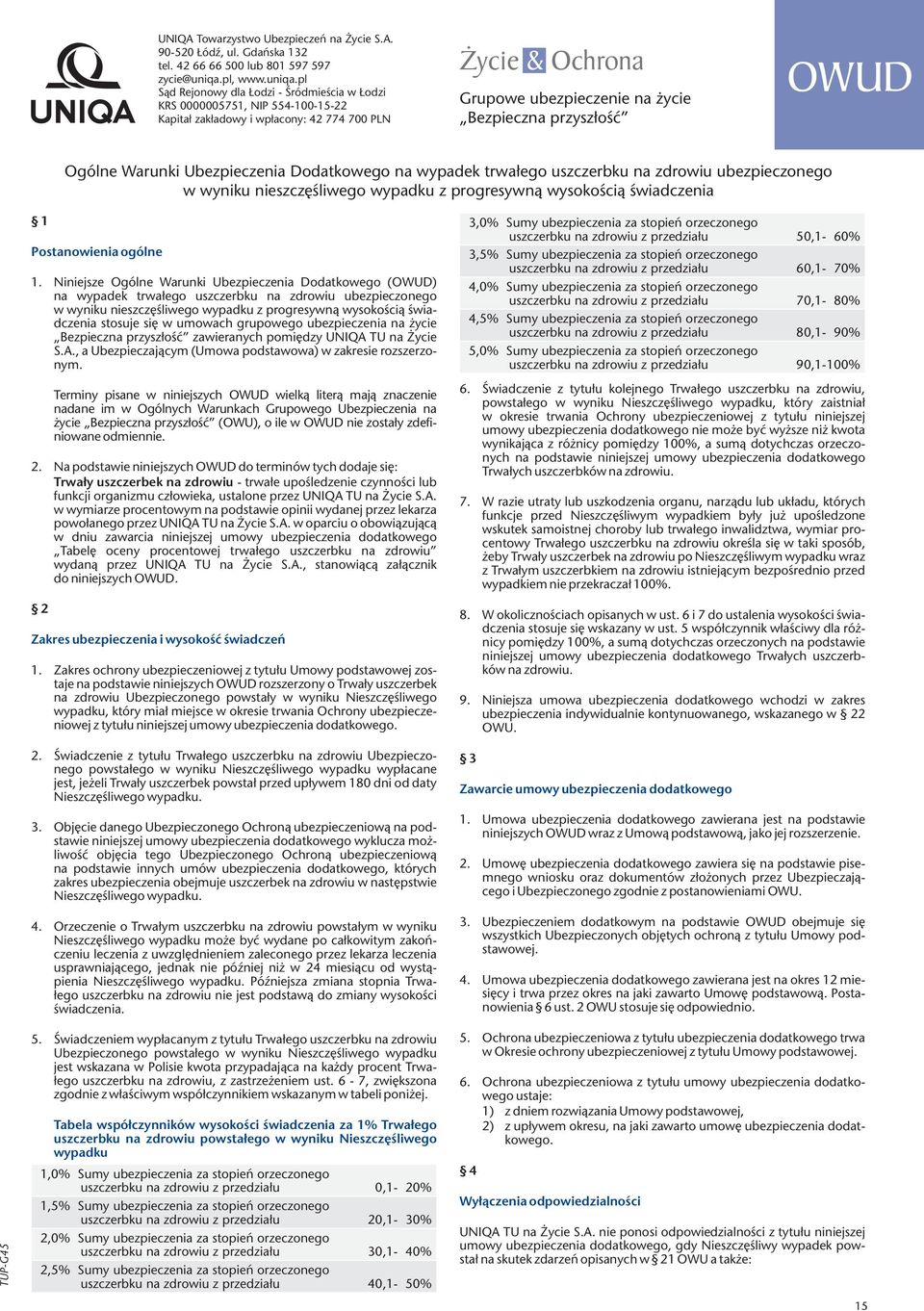 pl Sąd Rejonowy dla Łodzi - Śródmieścia w Łodzi KRS 0000005751, NIP 554-100-15-22 Kapitał zakładowy i wpłacony: 42 774 700 PLN Życie & Ochrona Grupowe ubezpieczenie na życie Bezpieczna przyszłość