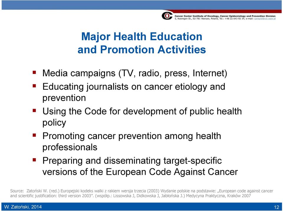 European Code Against Cancer Source: Zatoński W. (red.