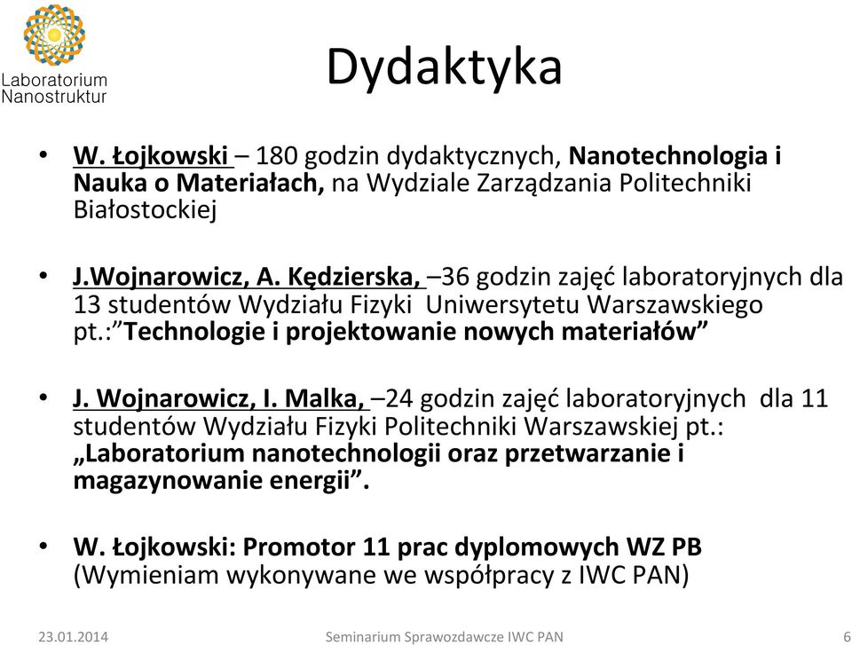 : Technologie i projektowanie nowych materiałów J. Wojnarowicz, I.