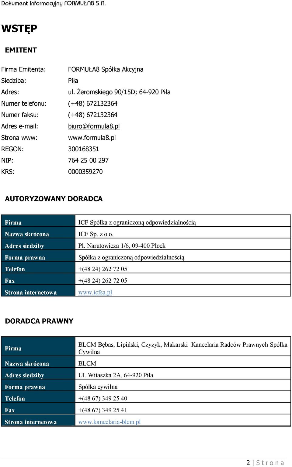 pl Strona www: www.formula8.pl REGON: 300168351 NIP: 764 25 00 297 KRS: 0000359270 AUTORYZOWANY DORADCA Firma ICF Spółka z ograniczoną odpowiedzialnością Nazwa skrócona ICF Sp. z o.o. Adres siedziby Pl.