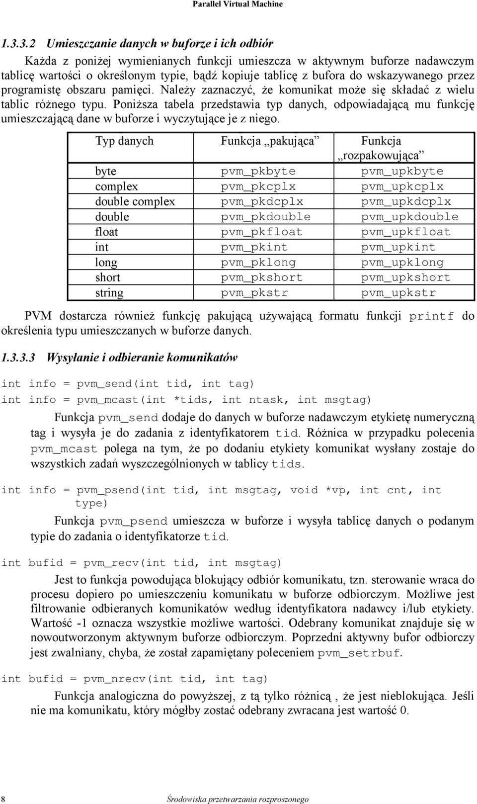 Poniższa tabela przedstawia typ danych, odpowiadającą mu funkcję umieszczającą dane w buforze i wyczytujące je z niego.