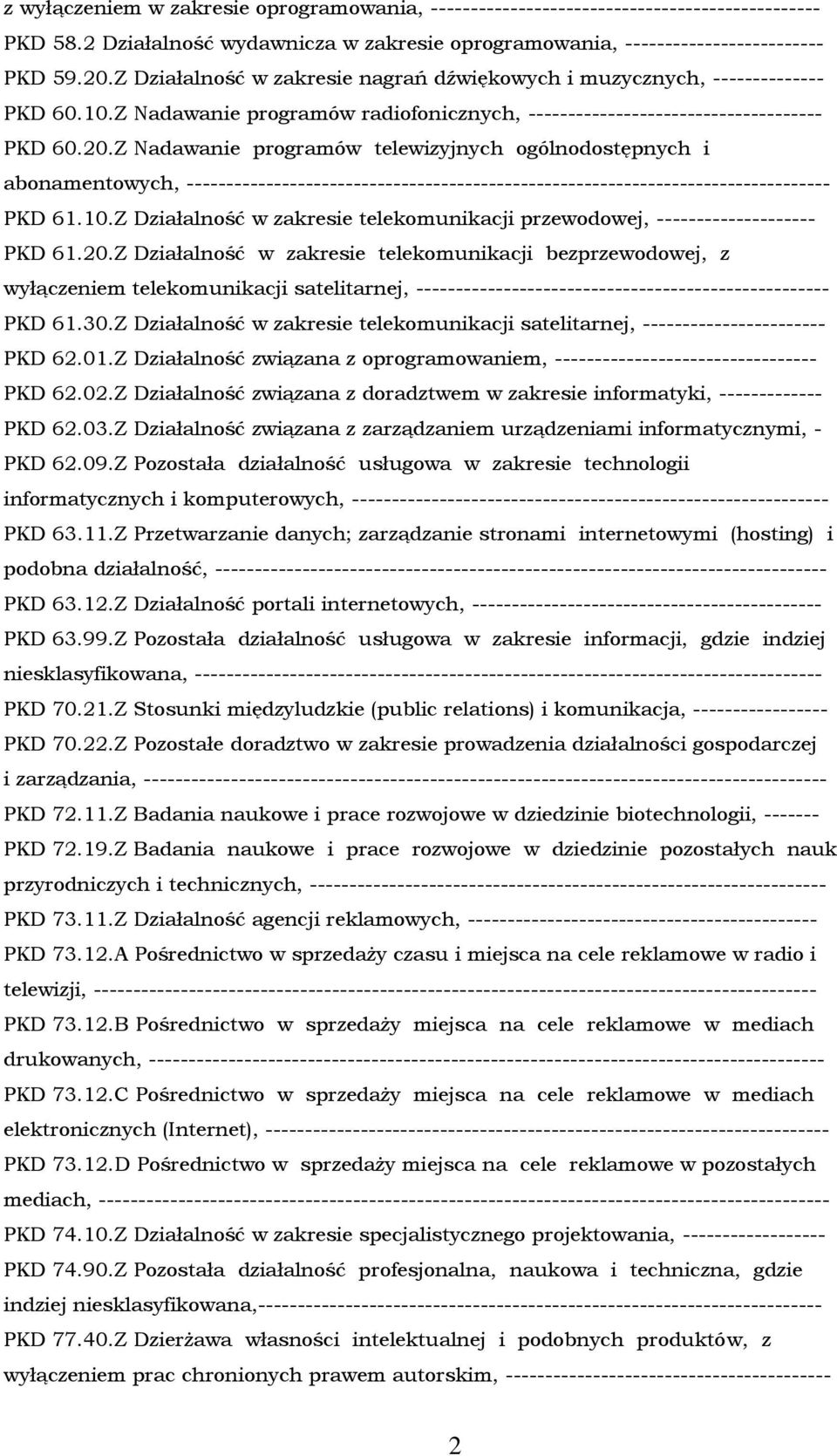 Z Nadawanie programów telewizyjnych ogólnodostępnych i abonamentowych, --------------------------------------------------------------------------------- PKD 61.10.