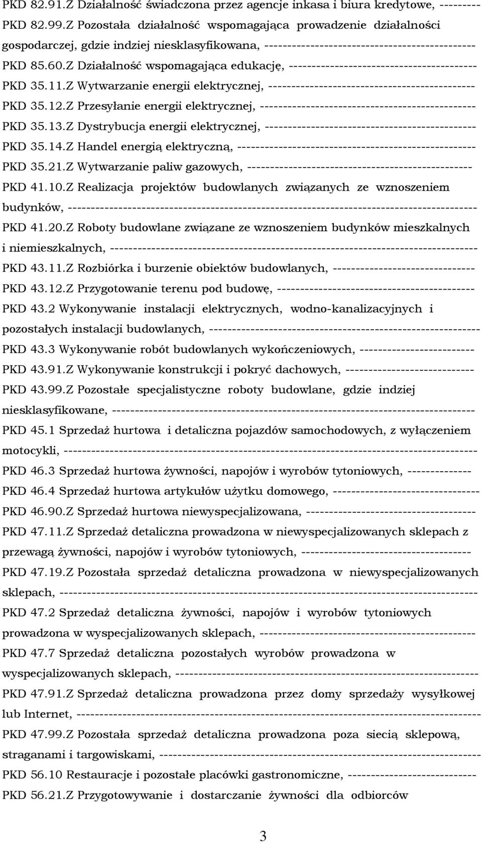 Z Działalność wspomagająca edukację, ----------------------------------------- PKD 35.11.Z Wytwarzanie energii elektrycznej, --------------------------------------------- PKD 35.12.