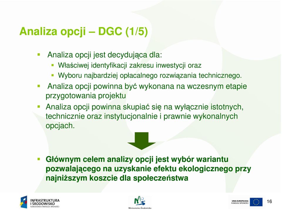 Analiza opcji powinna być wykonana na wczesnym etapie przygotowania projektu Analiza opcji powinna skupiać się na wyłącznie