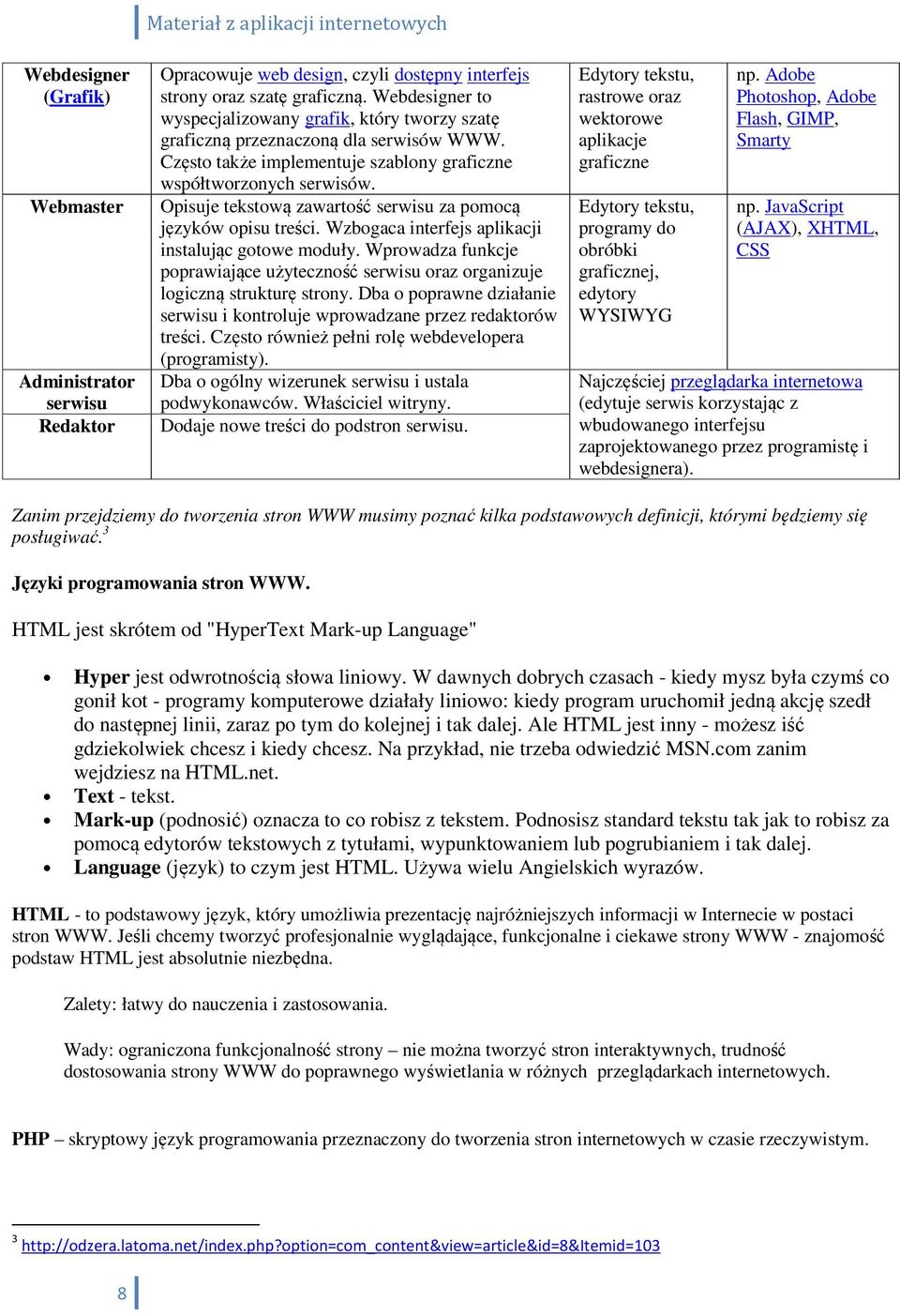 Opisuje tekstową zawartość serwisu za pomocą języków opisu treści. Wzbogaca interfejs aplikacji instalując gotowe moduły.