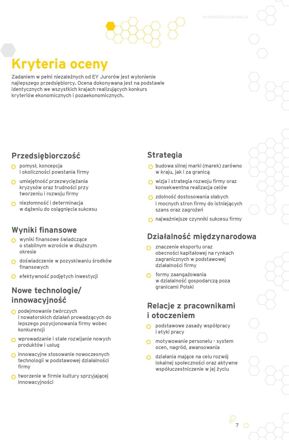 Przedsiębiorczość pomysł, koncepcja i okoliczności powstania firmy umiejętność przezwyciężania kryzysów oraz trudności przy tworzeniu i rozwoju firmy niezłomność i determinacja w dążeniu do