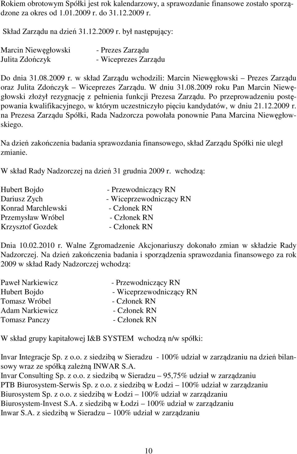 W dniu 31.08.2009 roku Pan Marcin Niewęgłowski złożył rezygnację z pełnienia funkcji Prezesa Zarządu.