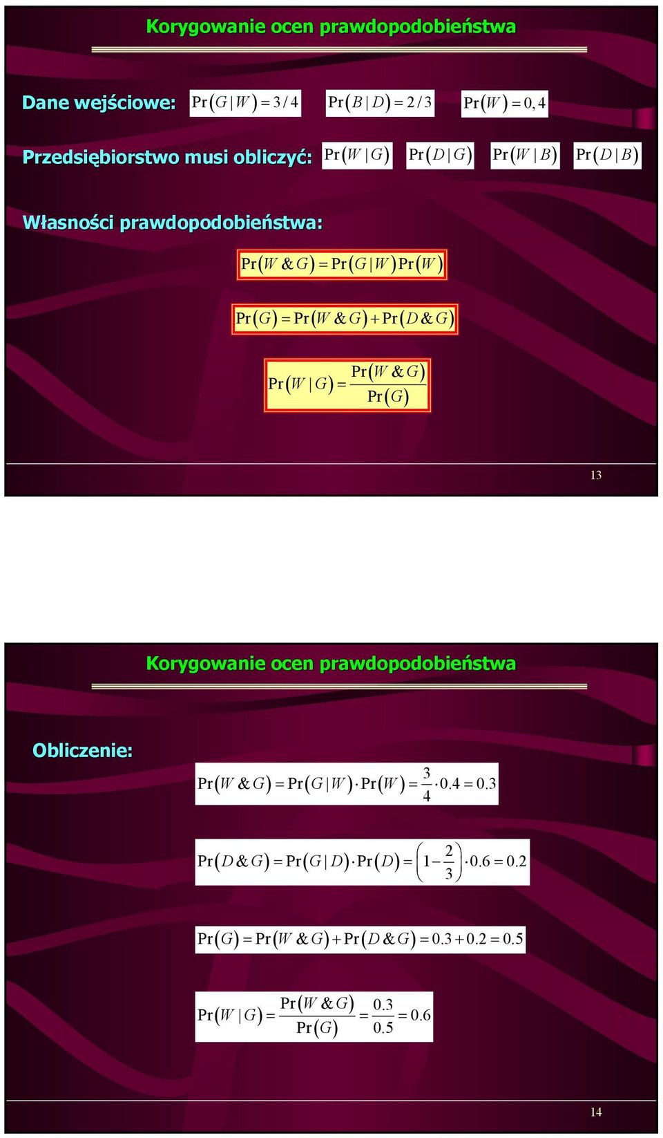 G) Pr Pr = ( W & G) Pr ( G) 13 Korygowanie ocen prawdopodobieństwa Obliczenie: 3 Pr ( W & G) = Pr ( G W) Pr ( W) = 0.4 = 0.