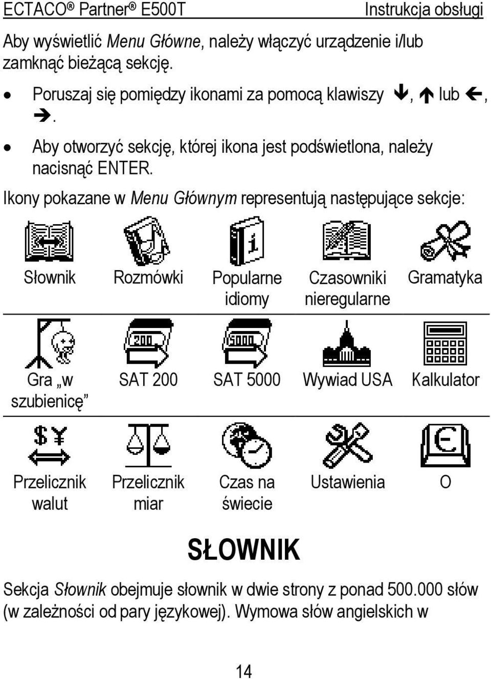 Ikony pokazane w Menu Głównym representują następujące sekcje: Słownik Rozmówki Popularne idiomy Czasowniki nieregularne Gramatyka Gra w szubienicę