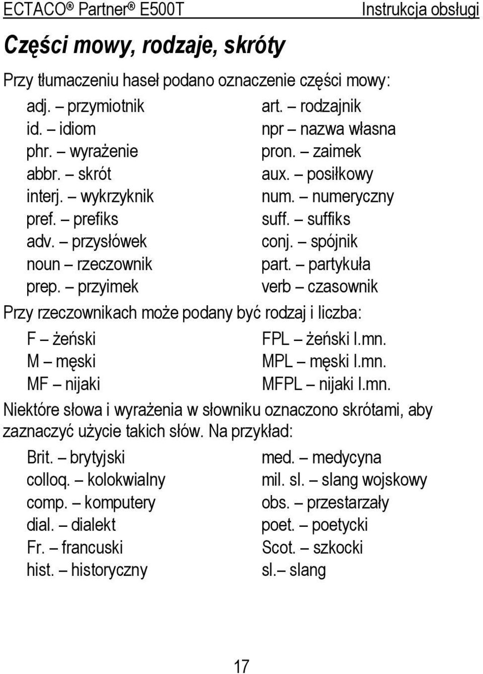 przyimek verb czasownik Przy rzeczownikach może podany być rodzaj i liczba: F żeński M męski MF nijaki FPL żeński l.mn.