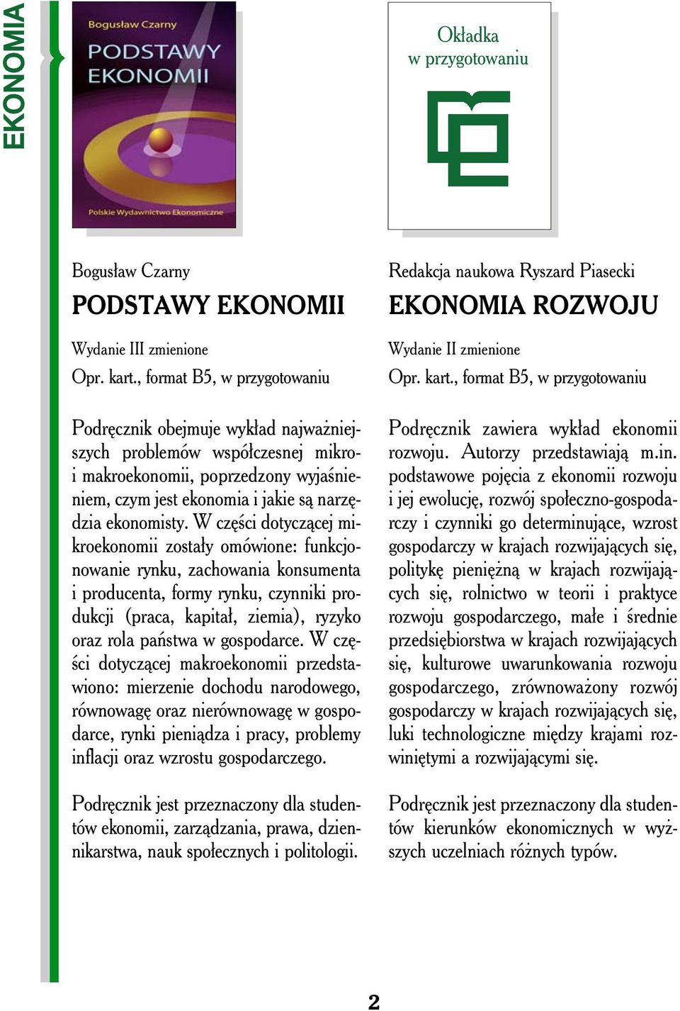 W części dotyczącej mikroekonomii zostały omówione: funkcjonowanie rynku, zachowania konsumenta i producenta, formy rynku, czynniki produkcji (praca, kapitał, ziemia), ryzyko oraz rola państwa w