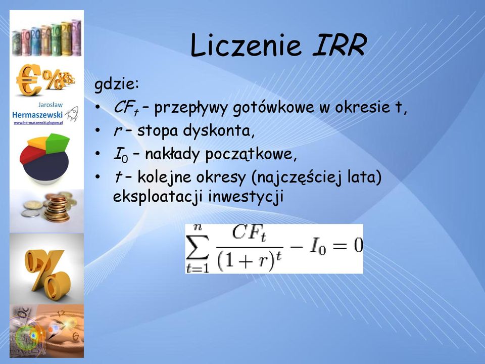 dyskonta, I 0 nakłady początkowe, t