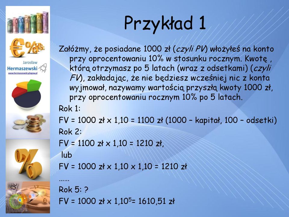 nazywamy wartością przyszłą kwoty 1000 zł, przy oprocentowaniu rocznym 10% po 5 latach.