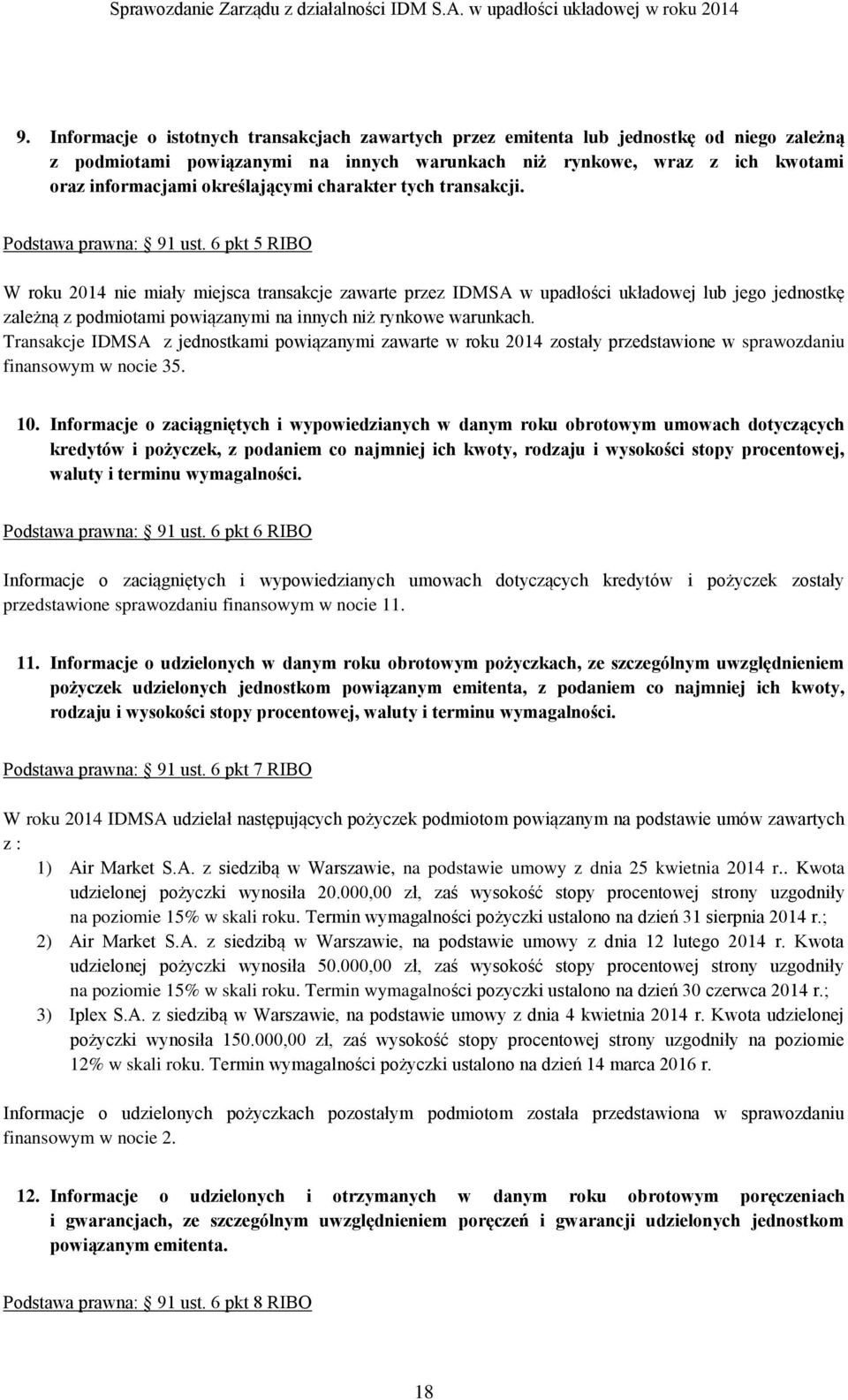 6 pkt 5 RIBO W roku 2014 nie miały miejsca transakcje zawarte przez IDMSA w upadłości układowej lub jego jednostkę zależną z podmiotami powiązanymi na innych niż rynkowe warunkach.