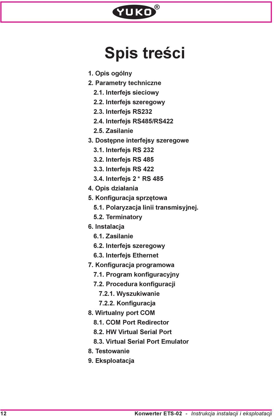 5.2. Terminatory 6. Instalacja 6.1. Zasilanie 6.2. Interfejs szeregowy 6.3. Interfejs Ethernet 7. Konfiguracja programowa 7.1. Program konfiguracyjny 7.2. Procedura konfiguracji 7.2.1. Wyszukiwanie 7.