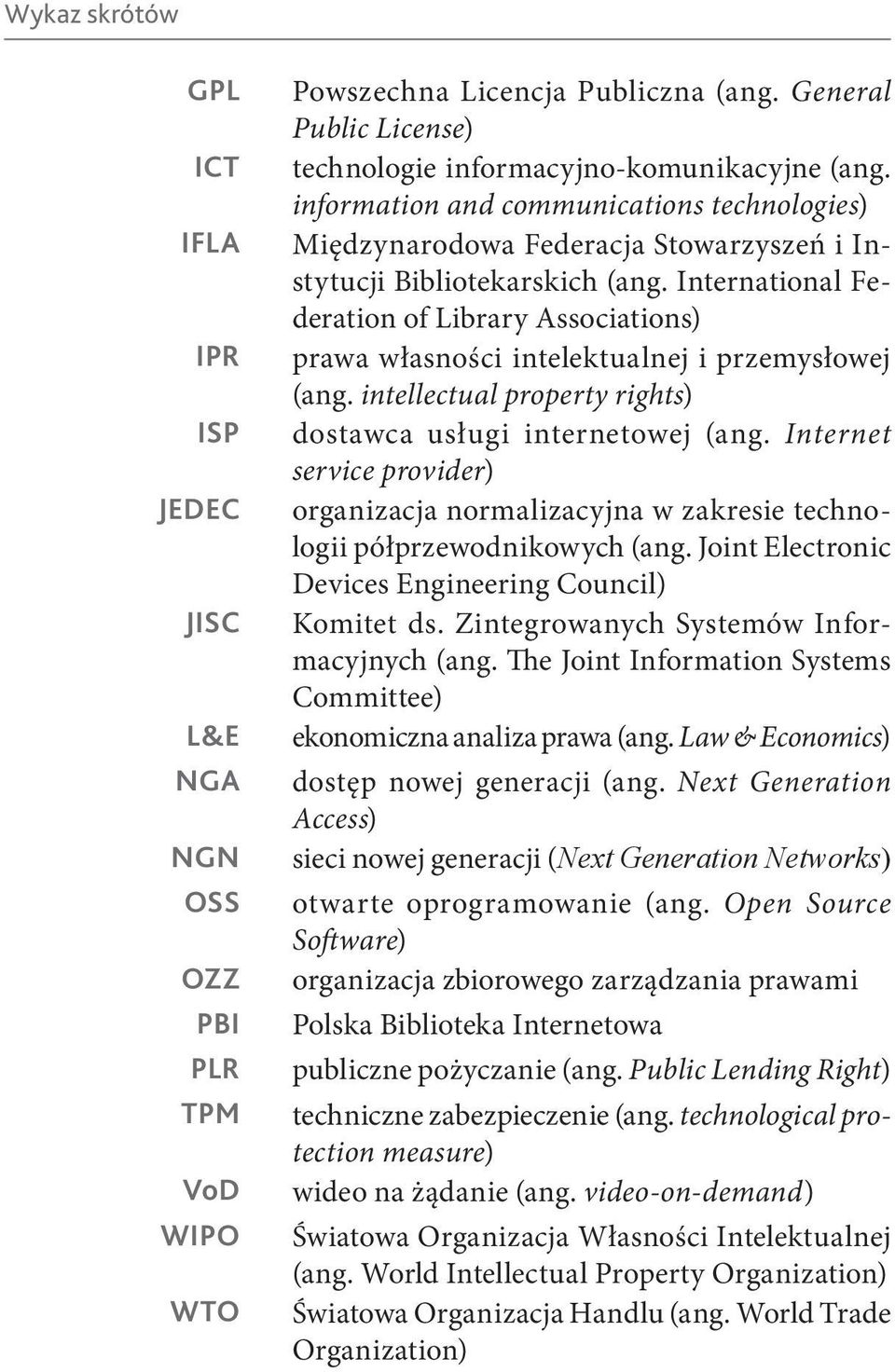 International Federation of Library Associations) prawa własności intelektualnej i przemysłowej (ang. intellectual property rights) dostawca usługi internetowej (ang.