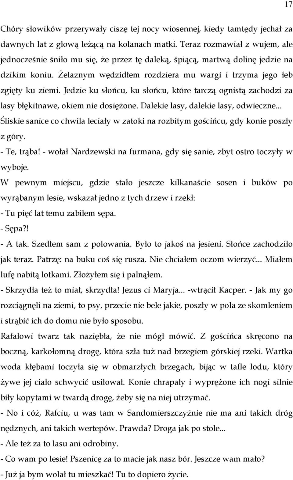 Jedzie ku słońcu, ku słońcu, które tarczą ognistą zachodzi za lasy błękitnawe, okiem nie dosiężone. Dalekie lasy, dalekie lasy, odwieczne.