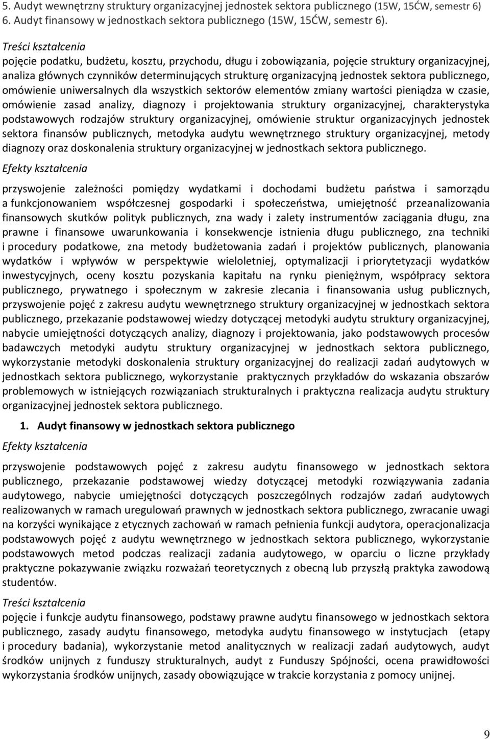 sektora publicznego, omówienie uniwersalnych dla wszystkich sektorów elementów zmiany wartości pieniądza w czasie, omówienie zasad analizy, diagnozy i projektowania struktury organizacyjnej,