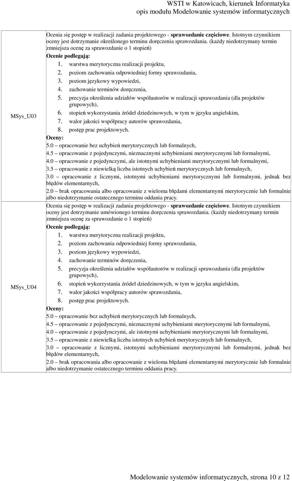 poziom językowy wypowiedzi, 4. zachowanie terminów doręczenia, 5. precyzja określenia udziałów współautorów w realizacji sprawozdania (dla projektów grupowych), 6.