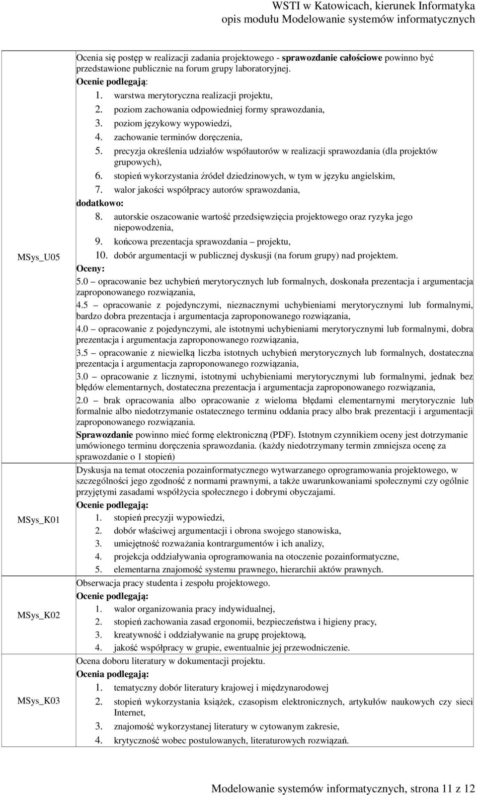 precyzja określenia udziałów współautorów w realizacji sprawozdania (dla projektów grupowych), 6. stopień wykorzystania źródeł dziedzinowych, w tym w języku angielskim, 7.