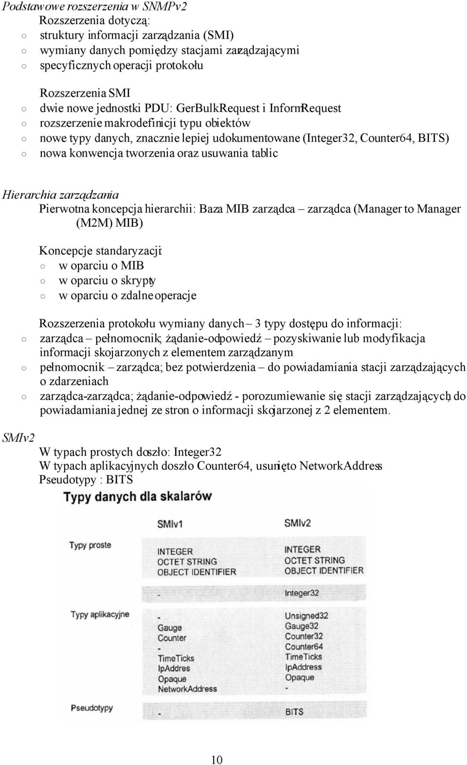 oraz usuwania tablic Hierarchia zarządzania Pierwotna koncepcja hierarchii: Baza MIB zarządca zarządca (Manager to Manager (M2M) MIB) Koncepcje standaryzacji: w oparciu o MIB w oparciu o skrypty w