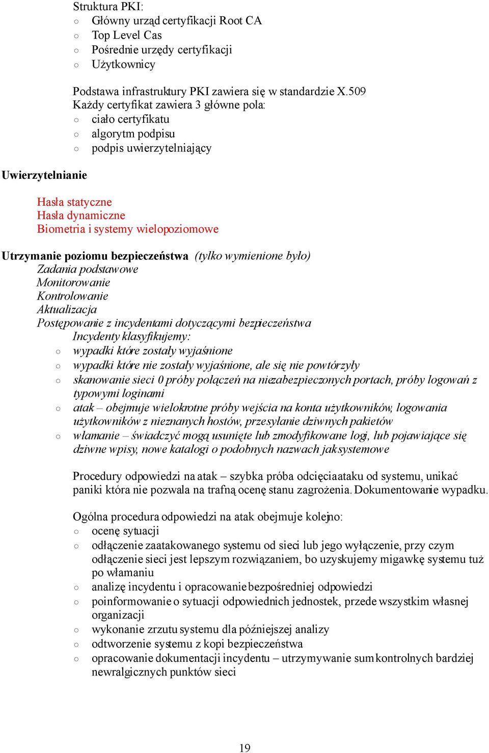 poziomu bezpieczeństwa (tylko wymienione było) Zadania podstawowe Monitorowanie Kontrolowanie Aktualizacja Postępowanie z incydentami dotyczącymi bezpieczeństwa Incydenty klasyfikujemy: wypadki które