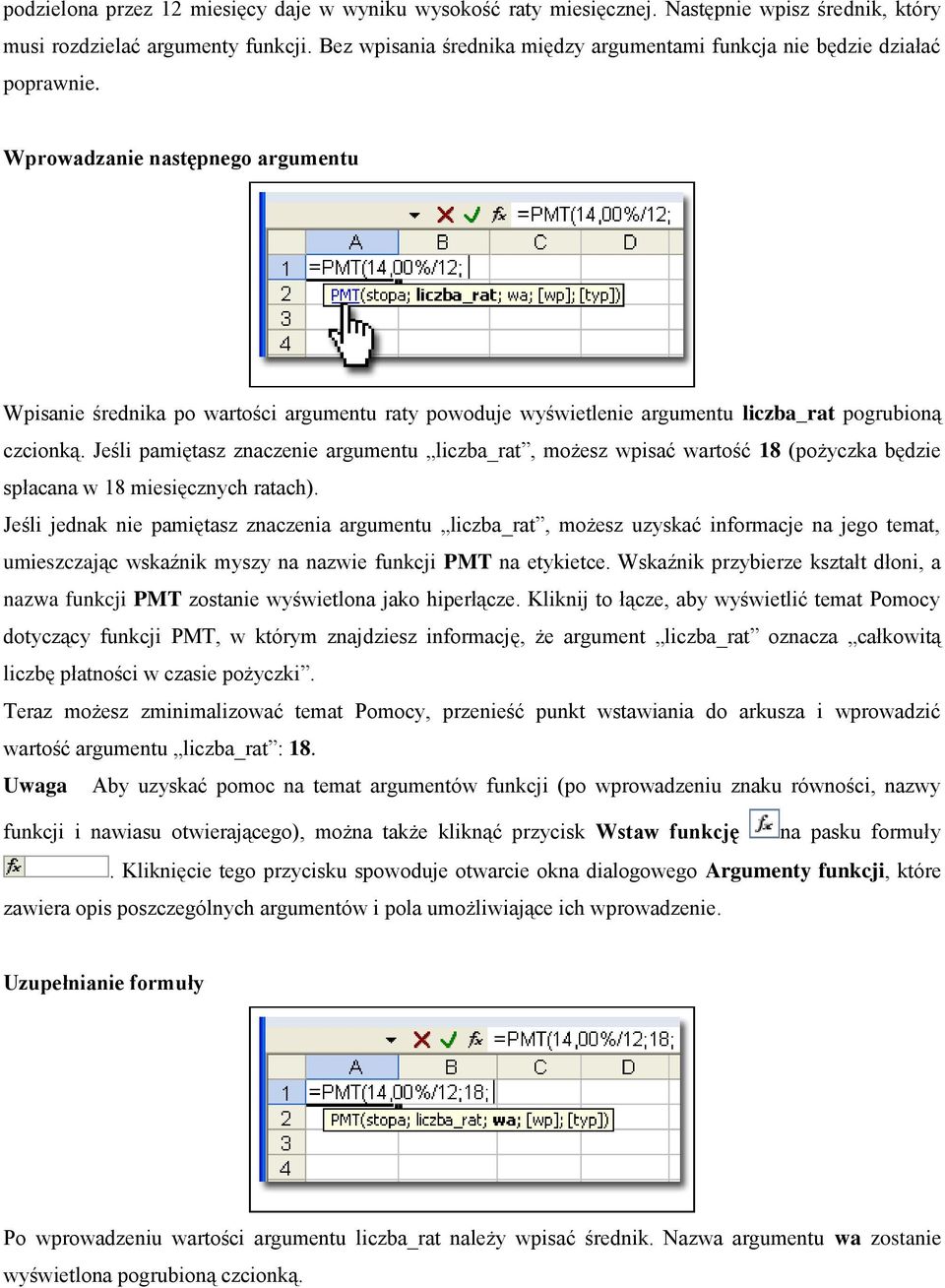 Wprowadzanie następnego argumentu Wpisanie średnika po wartości argumentu raty powoduje wyświetlenie argumentu liczba_rat pogrubioną czcionką.