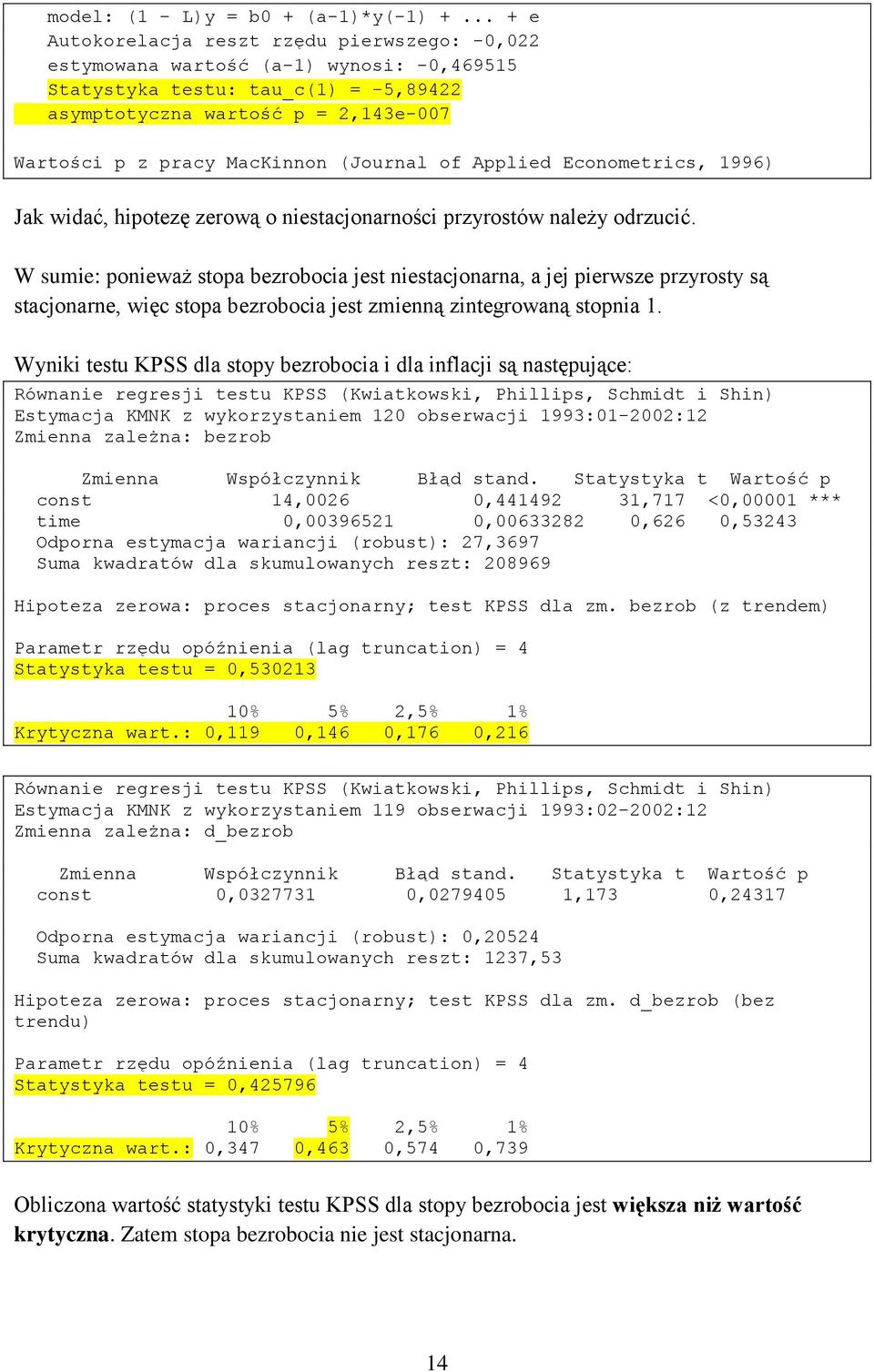 Applied Economerics, 1996) Jak widać, hipoezę zerową o niesacjonarności przyrosów należy odrzucić.