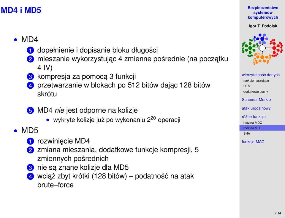 na kolizje wykryte kolizje już po wykonaniu 2 20 operacji 1 rozwinięcie MD4 2 zmiana mieszania, dodatkowe funkcje