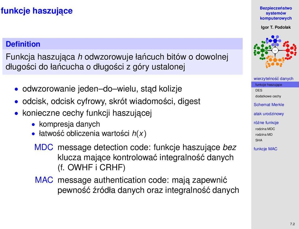 haszujacej kompresja danych łatwość obliczenia wartości h(x) MDC message detection code: bez klucza majace kontrolować