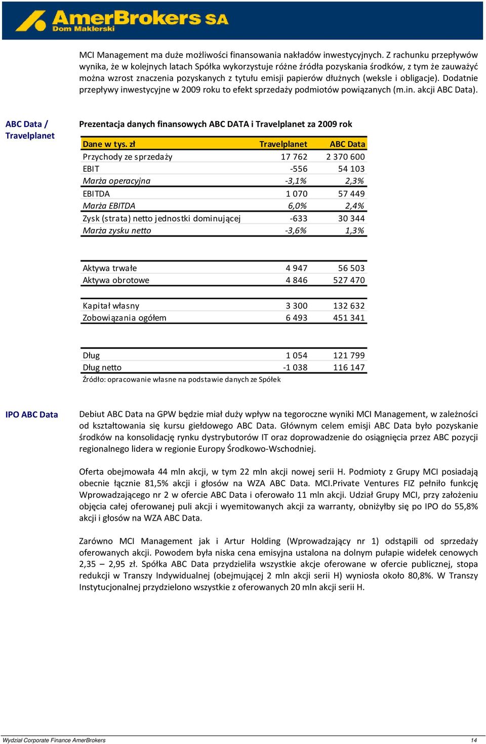 i obligacje). Dodatnie przepływy inwestycyjne w 2009 roku to efekt sprzedaży podmiotów powiązanych (m.in. akcji ABC Data).