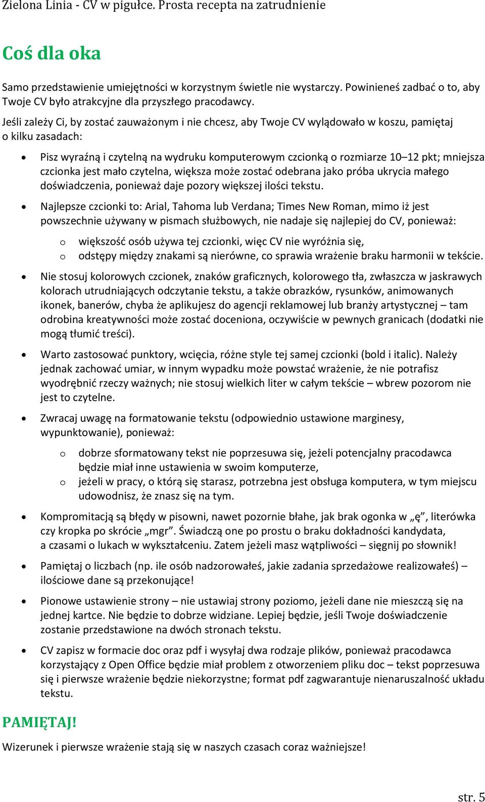 mniejsza czcionka jest mało czytelna, większa może zostać odebrana jako próba ukrycia małego doświadczenia, ponieważ daje pozory większej ilości tekstu.